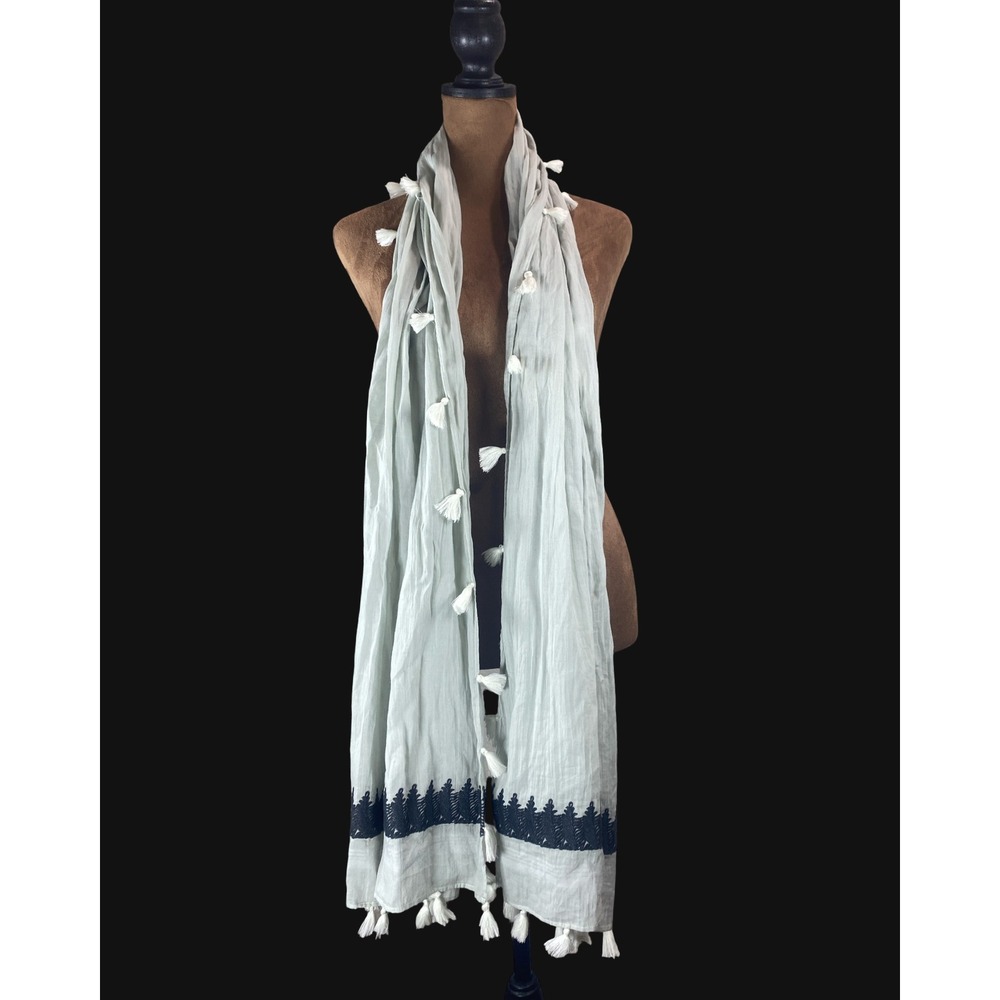 J. Jill Embroidered Tassel Scarf Sage GreenCotton Blend Gauze Wrap Boho Neutral